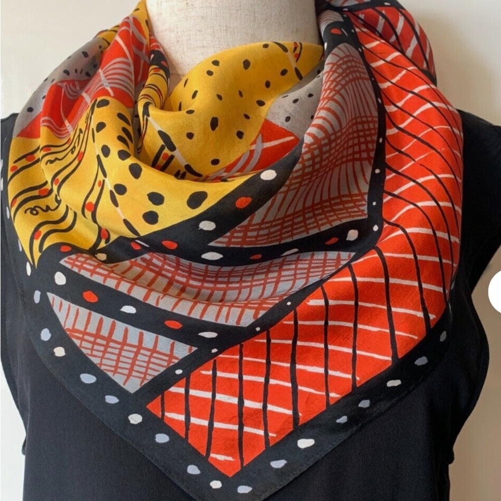 Ken Done Vintage Scarf Black Yellow & Grey Art Print Scarf 100” Silk Sig…